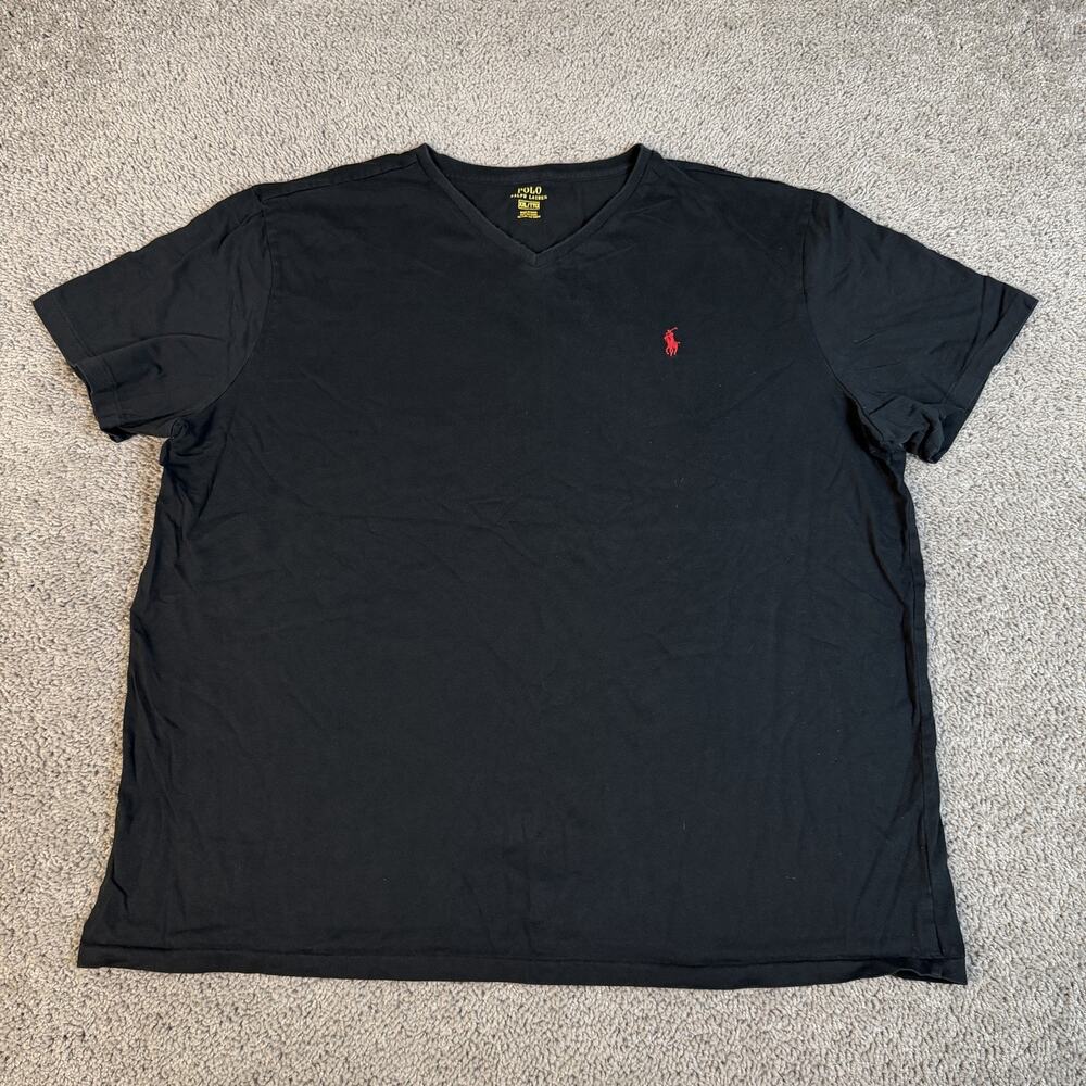 Polo Ralph Lauren Shirt Mens 2XL Black V-Neck Logo Cotton Tagless Basic